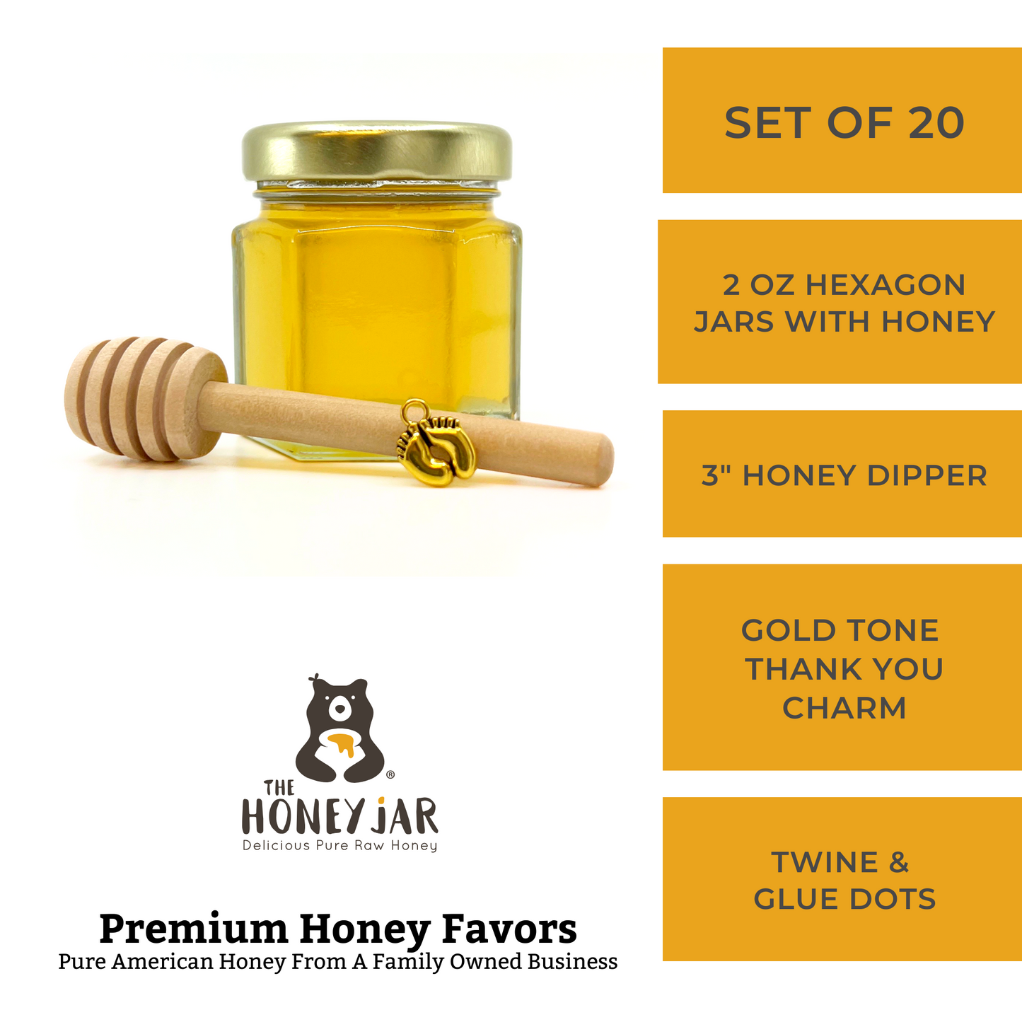 Honey Favor Kit - 2 oz Hexagon Jar with Pure Honey, Wooden Honey Dipper, Baby Feet Charm, Twine, & Glue Dots