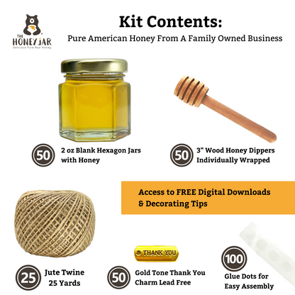 Honey Favor Kit - 2 oz Hexagon Jar with Pure Honey, Wooden Honey Dipper, Thank You Charm, Twine, & Glue Dots