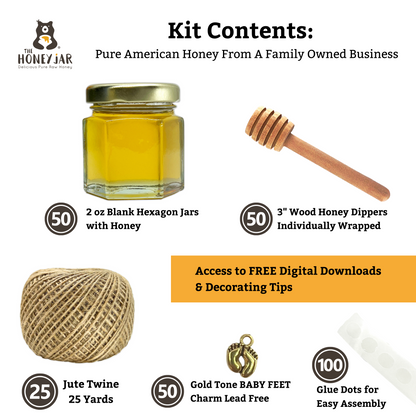 Honey Favor Kit - 2 oz Hexagon Jar with Pure Honey, Wooden Honey Dipper, Baby Feet Charm, Twine, & Glue Dots