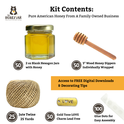 Honey Favor Kit - 2 oz Hexagon Jar with Pure Honey, Wooden Honey Dipper, Love Charm, Twine, & Glue Dots