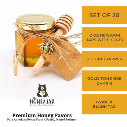 Honey Favor Kit - 2 oz Hexagon Jar with Pure Honey, Wooden Honey Dipper, Bee Charm, Twine, & Jute Tags