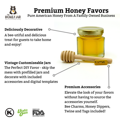 Honey Favor Kit - 2 oz Hexagon Jar with Pure Honey, Wooden Honey Dipper, Love Charm, Twine, & Glue Dots