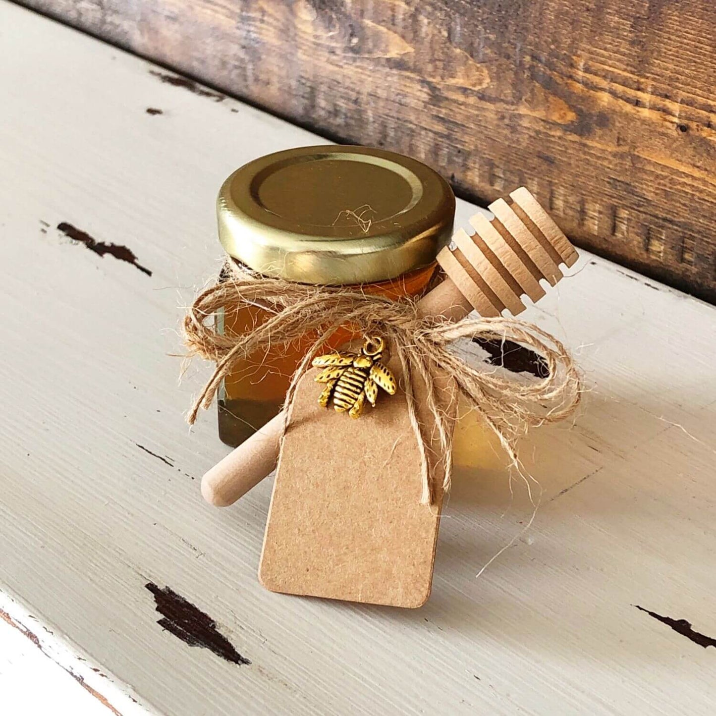 Honey Favor Kit - 2 oz Hexagon Jar with Pure Honey, Wooden Honey Dipper, Bee Charm, Twine, & Jute Tags