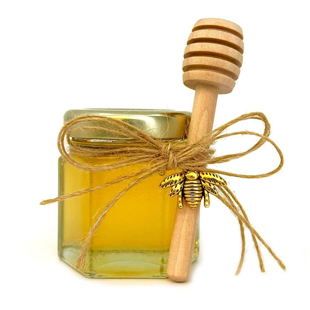 Honey Favor Kit - 2 oz Hexagon Jar with Pure Honey, Wooden Honey Dipper, Bee Charm, Twine, & Glue Dots