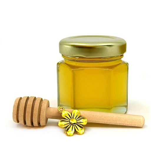Filled Hexagon Honey Wedding Favor with Flower Charm and Honey Dipper